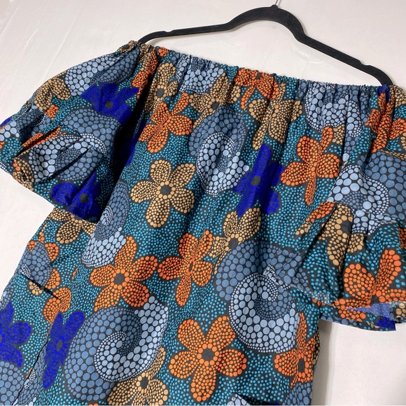 Handmade Blue Orange Floral Print Off Shoulder African Ankara Mini Dress M - Picture 6 of 12